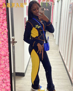 高个子女孩友好休息室2件套定制长袖运动服喇叭裤和拉链华夫饼针织色块女装套装 - Product Image 5