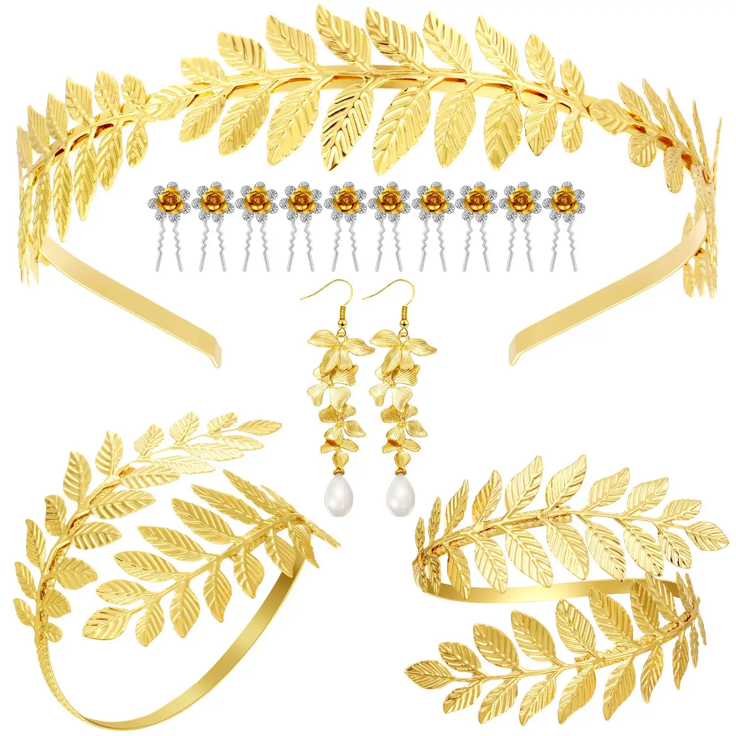 Bracelet de costume grec feuille de laurier romain 15 pièces, bandeau couronne de mariée feuilles dorées, boucles d'oreilles en perles et épingles à cheveux