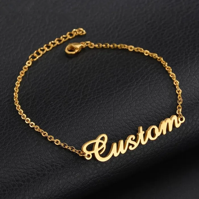 Bracelet plaqué or 18k personnalisable, en acier inoxydable, avec nom, bijoux à la main, pour hommes et femmes, vente en gros, tendance,