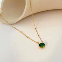 Cincin bambu Stainless Steel berlapis emas 18K, Kalung liontin zirkonia hijau Oval trendi, rantai manik-manik perhiasan