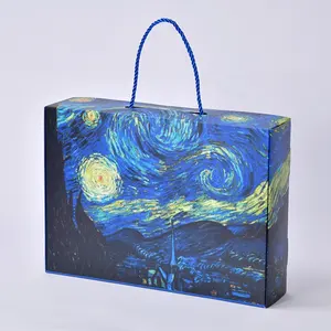 Caja de impresión azul cielo estrellado pintura al óleo gracias caja de regalo de maleta de cartón