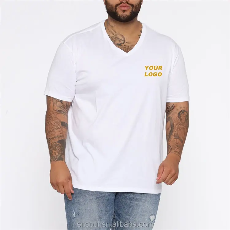 Factory Wholesale Solid Color High Quality Blank Oversized White Cotton V-Neck T-Shirt Custom Logo Men V Neck T Shirts