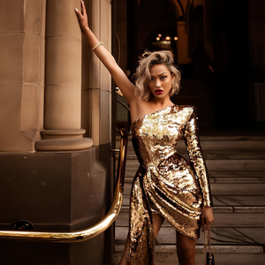 Thiết Kế Mới Sáng Ăn Mặc Thời Trang Buổi Tối Ngắn Sequin Váy Đường Chéo Cổ Áo Sexy Váy Phụ Nữ Buổi Tối Bên Váy - Product Image 3