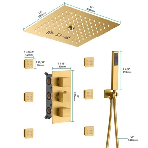 Torneira led termoestática 4 funções, escovado, dourado, chuveiro do banheiro, conjunto com jato do corpo de luxo