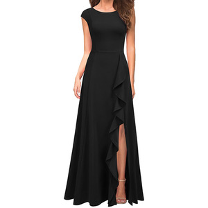 Vestido Largo de Fiesta Elegante y Sexy para Mujer, con Bolsillos, Volantes y Abertura, Vestido de Noche Negro para Damas - Product Image 1