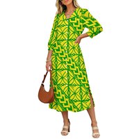 Robe chemise midi pour femme, imprimé floral tribal pacifique, avec logo personnalisé, manches boutonnées, fente latérale, style décontracté de plage, vente en gros