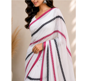Sari de Algodón Mul Premium para Mujer, Elegante con Borde Bordado a Rayas, Tela Suave y Transpirable, Colección de Moda Étnica - Product Image 3