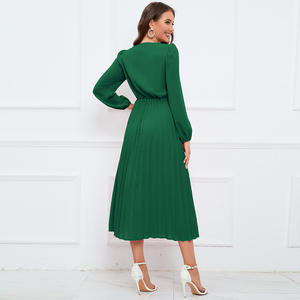Dernières robes de carrière Vintage Corporate Office pour dames a-ligne formelle col en V à manches longues plissé robe mi-<span class=keywords><strong>longue</strong></span> <span class=keywords><strong>2023</strong></span> - Product Image 3