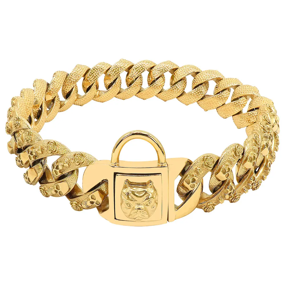 Collare per cani in oro 18K personalizzato 32 mm collare a maglie cubane pesante Bulldog collare per cani di piccola taglia americano Pitbull pastore tedesco