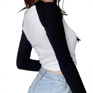 Women Polyester Ribbed Crop T-Shirt <b>Raglan</b> Long Sleeve Digital Printing Contrast Color Tee Printed Logo Casual Streetwear High - Product Image 2