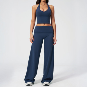 Completo da donna con top a collo alto e pantaloni yoga a gamba larga, vita alta, morbido ed elasticizzato, per allenamento e relax, con cintura liscia - Product Image 2