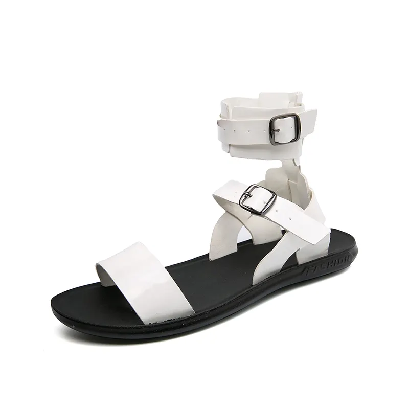Neue Großhandel Leder Mann Sandalen römischen Gladiator Italien Design hochwertige Schnalle weiße Schuhe benutzer definierte Logo Marke niedrige Preise