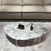 Table basse minimaliste en marbre blanc Arabescato poli, forme irrégulière, décoration de villa, table centrale en pierre