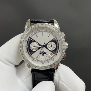 Montre automatique chronographe de luxe en or rose pour homme, avec calendrier perpétuel, phases de lune, lunette sertie de diamants et bracelet en cuir - Product Image 2