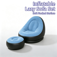 Canapé gonflable moderne bleu ciel floqué, lit de repos pliable avec repose-pieds, fauteuil confortable pour usage intérieur/extérieur