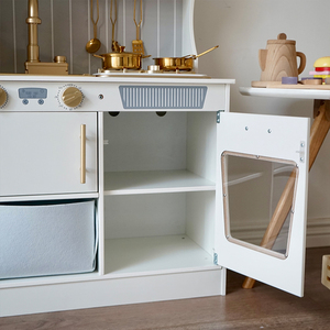 Cuisine de jeu en <span class=keywords><strong>bois</strong></span> doré style nordique avec réfrigérateur, eau courante et effets sonores, ensemble de jouets de cuisine pour enfants QA004 - Product Image 4