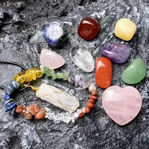 Hot Selling Spiritual Meditation Crystal Heart Healing Crystal 7 Chakra Tumbling Stone Box Set