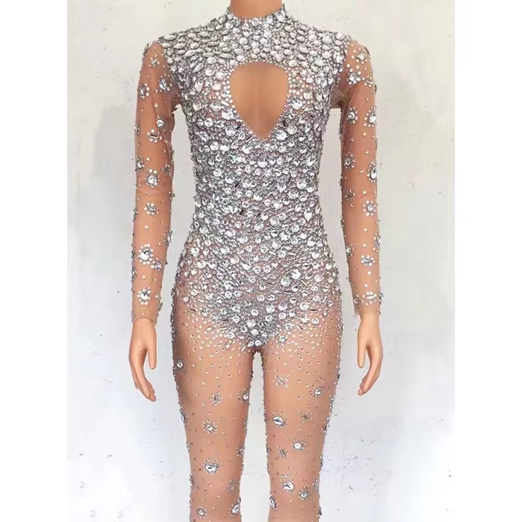 Mono Mujer Through Mesh Bodysuits Stripper Dancer One Piece Dress Rompers  Women Rhinestone Jumpsuit| Alibaba.com