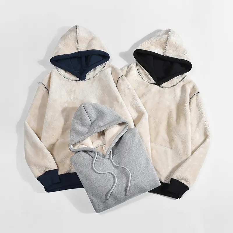Wholesale Winter Clothing Custom Cashmere Loose Jumper Coat American Retro Print Plus Size Men Hoodie with Kangaroo Pocket