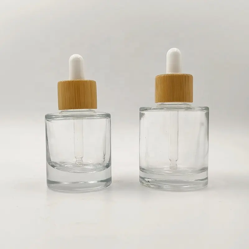 Welllive Cosmetic Thick Bottom 30ml 50ml Round Shaped Clear Glass Serum Dropper Bottle With Real Bamboo Lid