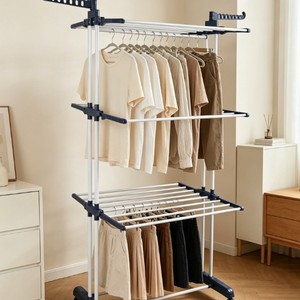 Tendedero de ropa plegable de tres niveles con forma de ala, para interior y exterior, con seis ruedas. - Product Image 2