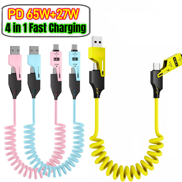 4 in 1 Spring Fast Charging Cable 1.2m Type-C 65W 27W USB-C PD Multi Fast Charging Coiled Retractable Cable for iPhone Samsung