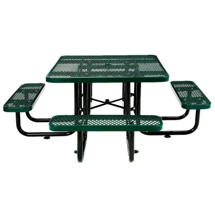 Outside Thermoplastic Steel 46" Round Square Metal Commercial Picnic Table And Bench Restaurant Outdoor Table with umbrella hole