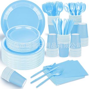 Ensemble de vaisselle de fête <span class=keywords><strong>bleu</strong></span> <span class=keywords><strong>ciel</strong></span> décorations de fête d'anniversaire de couleur unie assiettes et tasses en papier jetables de couleur pure - Product Image 1