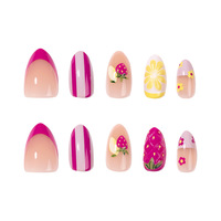 Zomerse 3D aardbeien opzetnagels, amandelvorm, Franse tip met fruit-, bloemen- en streepdesigns voor vrouwen