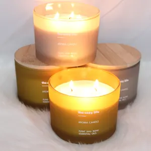 Fournitures de bougies en cire de soja en gros, en stock et au détail, avec couvercle en bois de luxe, 3 mèches, pot en verre givré parfumé - Product Image 2