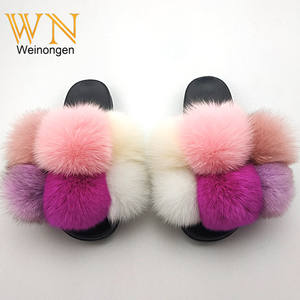 2022 luxe dames réel Rex lapin fourrure pompons EVA semelle extérieur Pompon Furball sandales mode naturel fourrure de renard pantoufles - Product Image 4