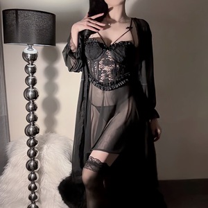 Lencería de talla grande, terciopelo lujoso, camisón sexy transparente de malla con relleno y aros, lencería erótica para realzar la figura. - Product Image 3
