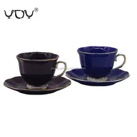 YDY 90 مللي اللون المزجج الخزف غرامة الصين شكل فريد القهوة الصغيرة الفناجين وأطباقها مجموعة مع خط الذهب