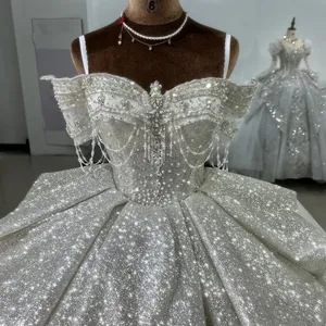 Factory <span class=keywords><strong>Outlet</strong></span> Bling Off Shoulder Shiny Puffy Vestido de fiesta para mujer <span class=keywords><strong>Vestidos</strong></span> de novia - Product Image 2