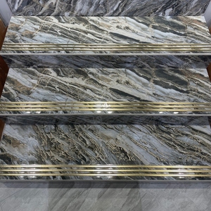 Thiết kế nhà 470x1200mm không trượt màu xám vàng đá cẩm thạch nhìn gốm sứ cầu thang gạch cho cầu thang với vàng cạnh đánh bóng