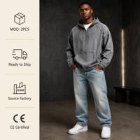 Sweat-shirt à capuche pour homme en coton lourd délavé, 65 % coton, demi-zip, poche kangourou, couleur unie, style streetwear décontracté