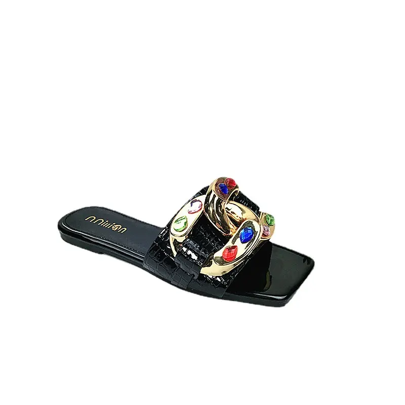 African Style Wholesale Slippers for Women Rhinestone Metal Elegant Flat Slides Slippers