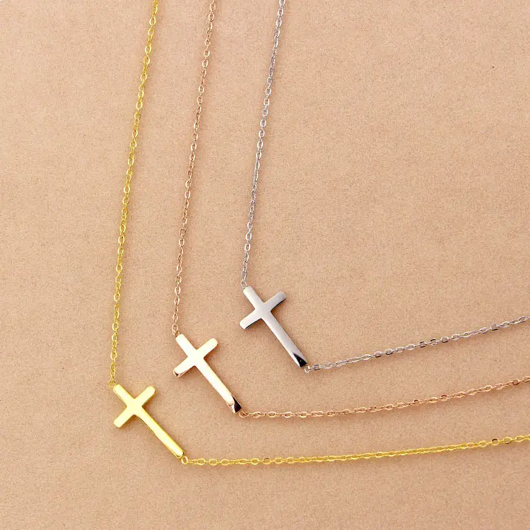 Wholesale Custom Minimalist Christian Jewelry Fashion 18K Gold Plated Small Stainless Steel Side Cross Necklace