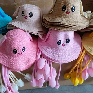 Topi jerami anak anak-anak telinga kelinci bergerak lucu lucu musim panas topi jerami ember