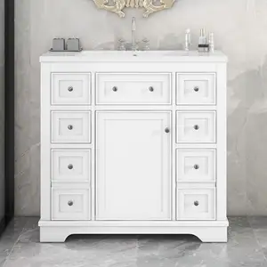 36 Inch Hotel Supplier European White Shaker Freestanding Cabinets 90cm Ready Made Plywood Bathroom Vanities