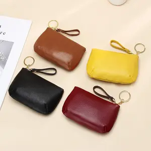 Custom Logo Full Grain Leather Coin Purse with Key Chain Small Cowhide Coins Change Wallet for Men Women