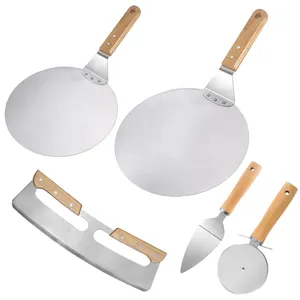 Manjia Hot Sale Stainless Steel Pizza Peel Manufacturer Pizza Peel Pizza Cutter with Wooden Handle Transfer Spatula