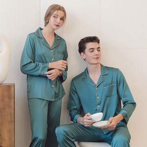 Conjunto de <span class=keywords><strong>Pijama</strong></span> de Seda Helada de Manga Larga para Parejas, Tallas Grandes para Mujer y Ropa de Estar de Alta Gama de Color Liso para <span class=keywords><strong>Hombre</strong></span>, Ideal para Verano/Otoño - Product Image 4