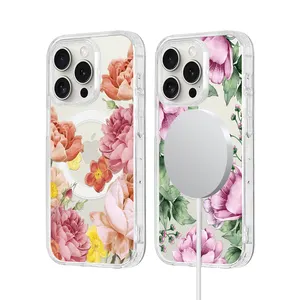 Sarung ponsel magnet, sarung HP cetak bunga nirkabel isi daya TPU PC magnet untuk iPhone 15 Pro Max 14 13 12 ponsel pintar bening