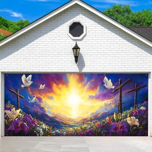 ป้ายตกแต่งประตูโรงรถธีมอีสเตอร์ ลายพระอาทิตย์ขึ้น นกพิราบ และกางเขนดอกไม้ ผ้าคลุมประตูโรงรถขนาดใหญ่ ของตกแต่งธีมฤดูใบไม้ผลิสำหรับกลางแจ้ง - Product Image 1