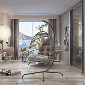 Sedia a dondolo moderna e pieghevole in rattan PE a forma di uovo, per camera da letto, giardino, patio, con supporto in metallo, per 2 persone, arredamento per camera da letto - Product Image 4