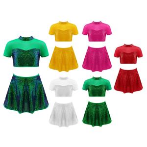 Conjunto de 2 Piezas de Traje de Baile Latino para Niñas de 4 a 14 Años, Top Corto y Falda para Baile Moderno, Cha Cha, Rumba, Patinaje - Product Image 1
