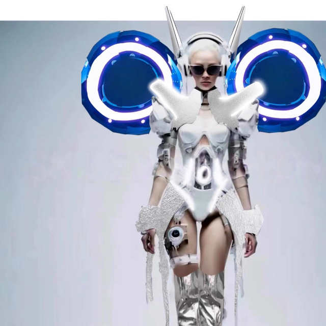 High-end Custom-made Elegant Silver-white Cyberpunk Stage Dance Suit Led Future Technology Theme Show 100% Polyester