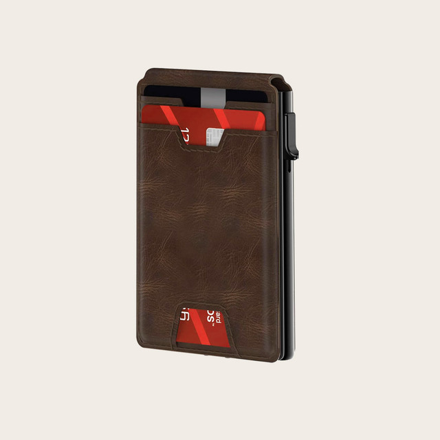 Custom Logo RFID Aluminum Wallet with Pop-up Leather Card Holder Minimalist Design and Clip for Men