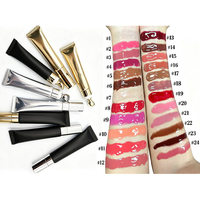 Gloss à lèvres en marque privée, logo personnalisé, 15 ml, 24 couleurs, tube à presser avec tête de massage, gloss à lèvres au peptide, emballage premium or et argent, maquillage